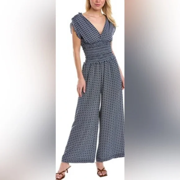 Max Studio|Blue Polka Dot Women's Wide leg jumpsuit w smocking•••NWT,Boho style - Picture 2 of 15